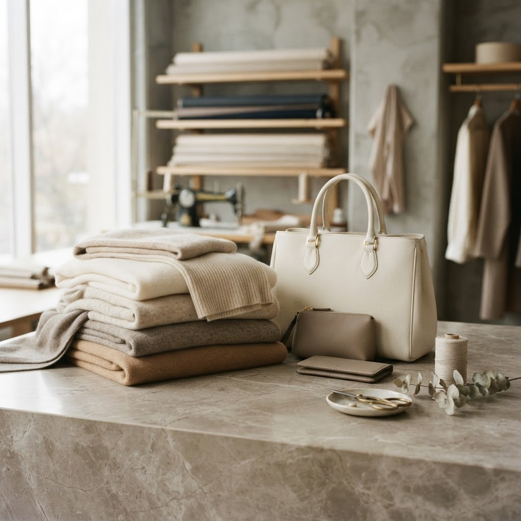Elvani atelier with folded cashmere and leather goods