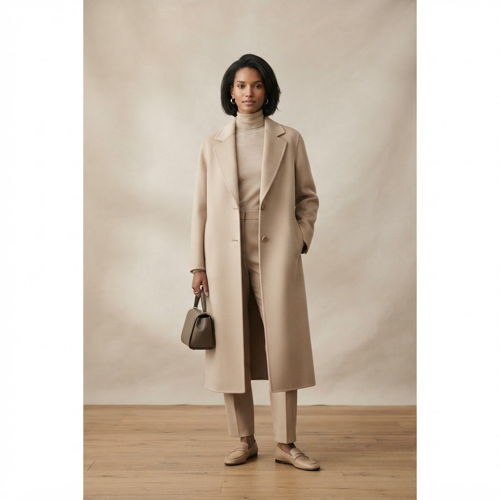 Model wearing an Elvani cashmere overcoat